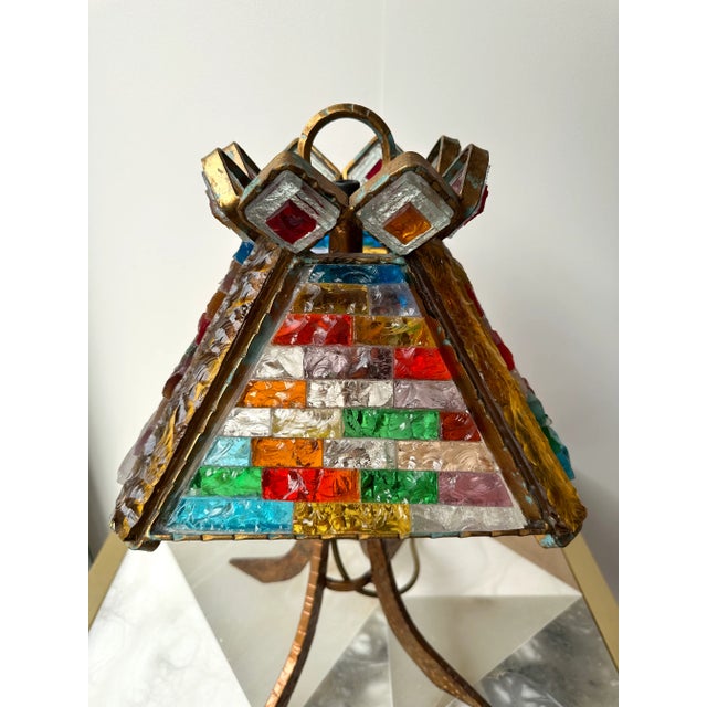 Mid-Century Modern Pair of Hammered Glass Gilt Wrought Iron Lamps by Longobard, Italy, 1970s For Sale - Image 3 of 13