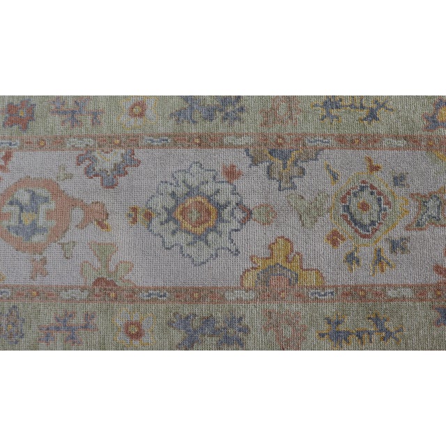 Turkish Oushak Runner in Ivory With Soft Green, Gold, and Coral 2'11 X 13'3 For Sale - Image 9 of 12