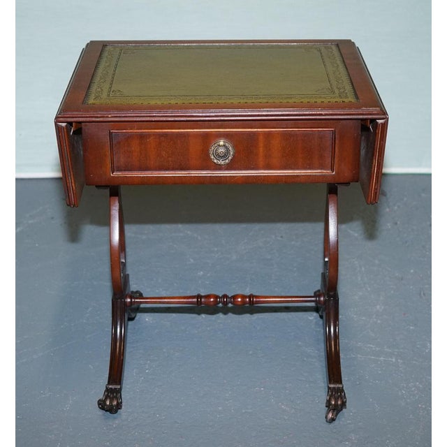 Regency Style Hardwood Side Table with Green Leather Inset Top and Drop Leaves For Sale - Image 15 of 16