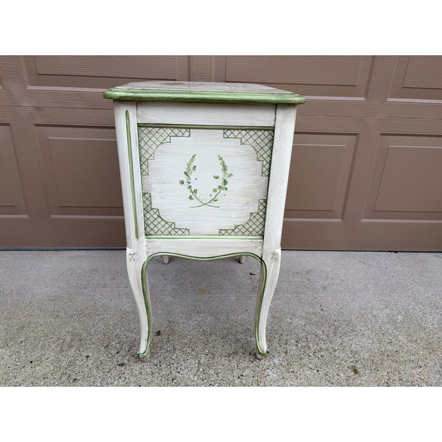 Vintage French Provincial Cream & Sage Green Painted Nightstand With Botanical Decoration For Sale - Image 11 of 14