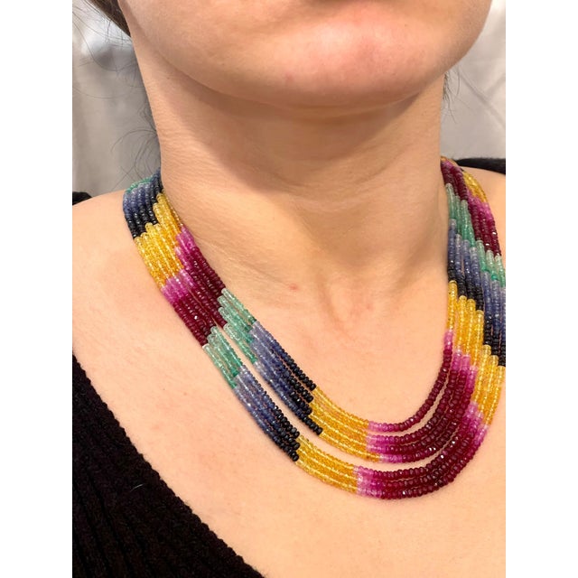 200 Ct 7 Layer Natural Emerald Ruby & Sapphire Bead Necklace 14k Gold Adjustable For Sale - Image 11 of 18