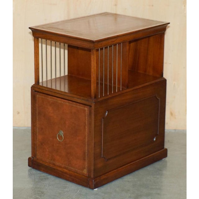 Flamed Hardwood & Brown Leather Sliding Book Tables, Set of 2 For Sale - Image 15 of 18