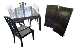1960s Mahogany Henredon Chinoserie Dining Room Table and Chairs. Hand Painted Scenes on Each Section Including Leaves - Set of 9
