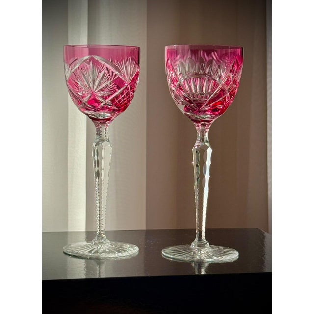 Ruby Cut Crystal Hock Glasses with Peacock and Starburst Cutting, 1950, Set of 6 For Sale - Image 16 of 18