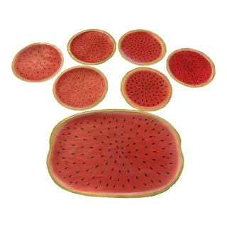 Wooden Watermelon-Painted Tray and 6 Plates- 7 Pieces For Sale