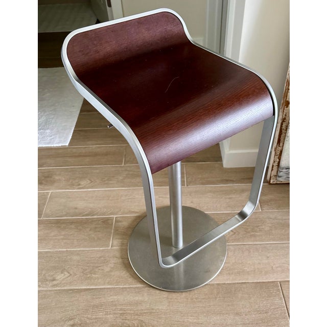 Postmodern Attributed to LaPalma Lem Piston Bar or Counter Stool Dark Stained Oak and Stainless Steel (2 Available) For Sale - Image 3 of 5