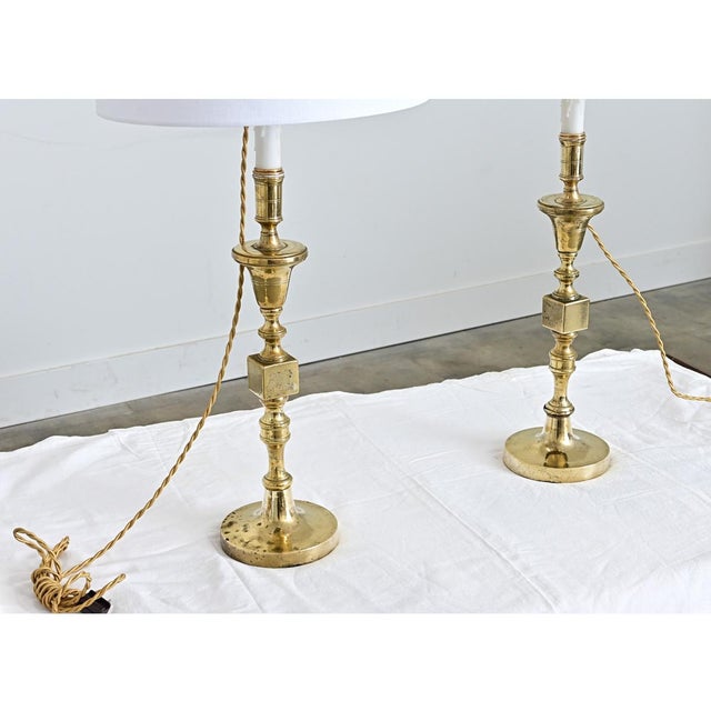 Vintage French Brass Candlestick Lamps - a Pair For Sale - Image 10 of 12
