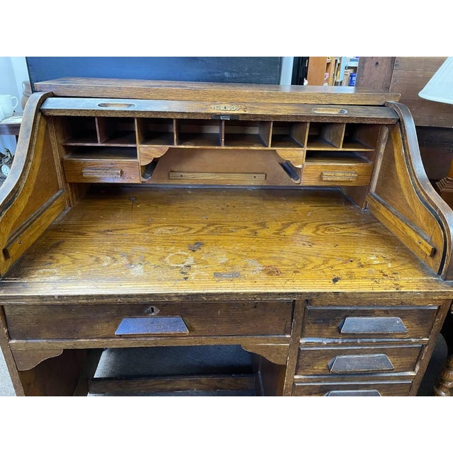 Antique Tiger Oak Roll Top Desk, Accordion Style, 5 Drawers, Solid Wood For Sale - Image 4 of 10
