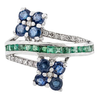 925 Silver Emerald, Sapphire & Diamond Double Flower Bypass Designer Anniversary Ring - Size 6.5 For Sale