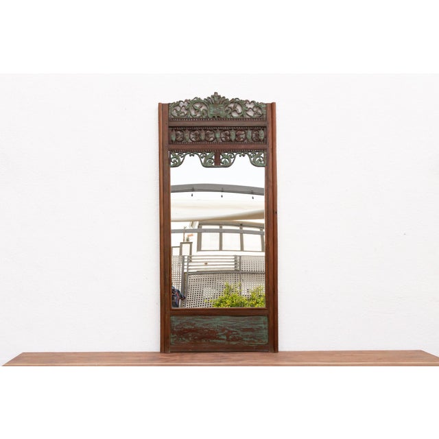 Asian Antique Architectural Teak Carved & Painted Mirror For Sale - Image 3 of 7