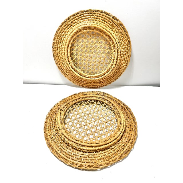 Rustic Vintage Woven Rattan & Cane Plate Chargers – Coastal Boho Set of 4 For Sale - Image 3 of 6