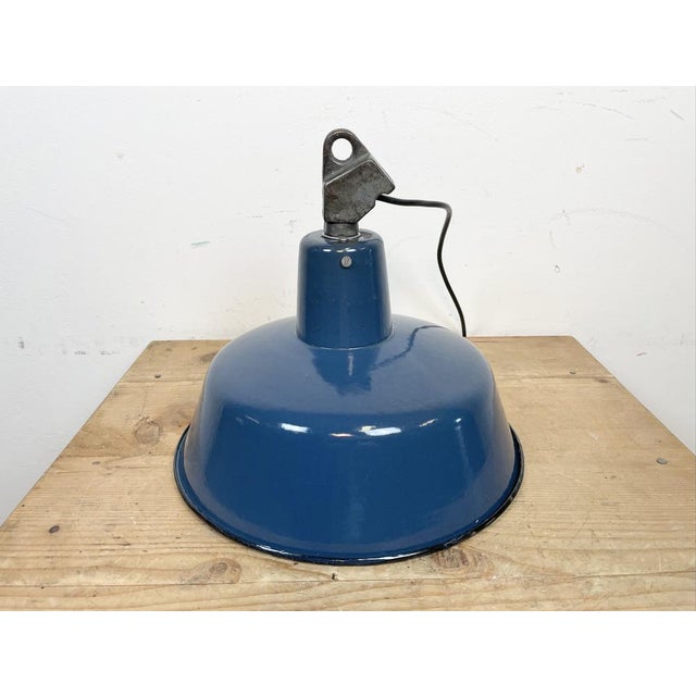 Industrial Blue Enamel Factory Lamp with Cast Iron Top, 1960s For Sale - Image 10 of 14