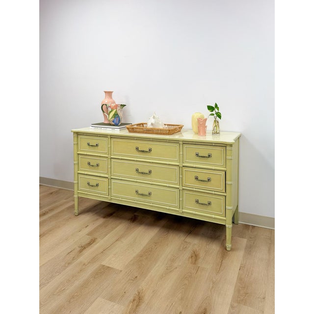 Mid 20th Century Coastal Henry Link Bali Hai Green Faux Bamboo 9 Drawer Dresser Hollywood Regency For Sale - Image 16 of 16