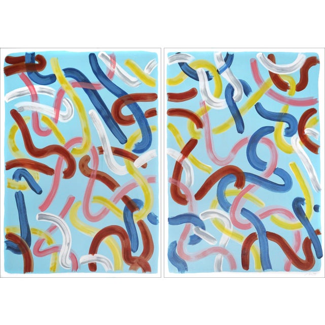 2022 "Urban Brushstrokes on Baby Blue" Acrylic Diptych Painting on Watercolor Paper by Natalia Roman - Set of 2 For Sale - Image 11 of 11