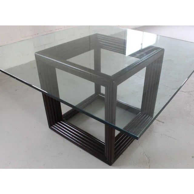 1970s Mid-Century Modern Large Square Thick Glass Top Rattan Cube Base Dining Conference Table For Sale - Image 6 of 14
