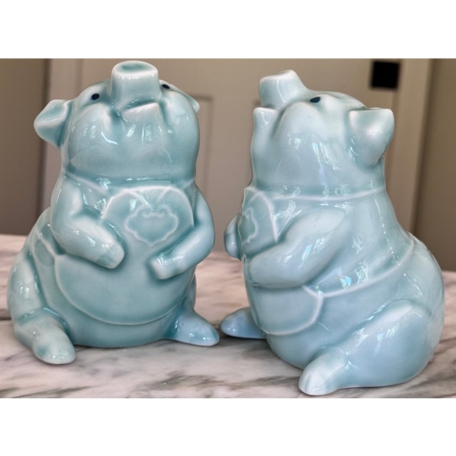 Mid-Century Celadon Ceramic Glazed Pig Figures - A Pair For Sale - Image 4 of 12