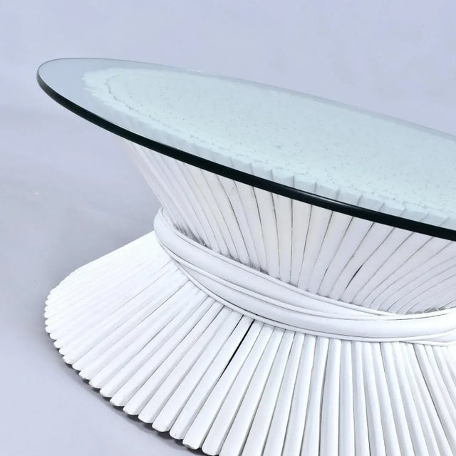 McGuire Coastal White Rattan Wheat Sheaf Coffee Table With Round Glass For Sale - Image 9 of 13