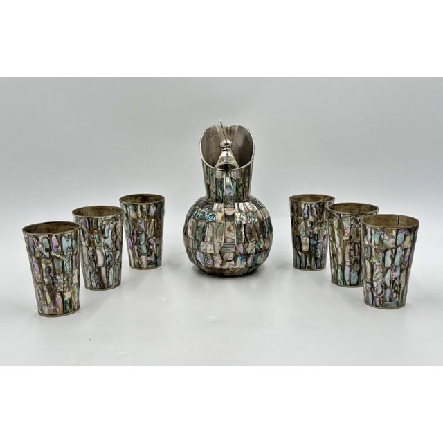 1960s Mexican Alpaca Silver & Abalone Bird of Paradise Pitcher Set - 7 pcs For Sale In Los Angeles - Image 6 of 18