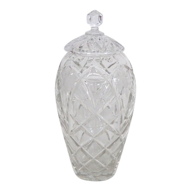 Lead Cut Crystal Lidded Candy Cookie Jar With Diamond Cut Lattice Pattern 4937b For Sale