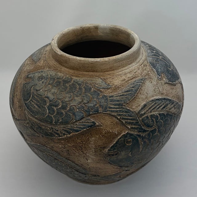 Cream Vintage Asian-Style Ceramic Vase With Raised Relief Fish Motif For Sale - Image 8 of 13