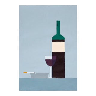 2023, Contemporary Still Life Painting of "Wine Bottle and Cigarette" on Watercolor Paper by Gio Bela For Sale