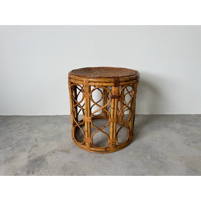 Vintage Boho Chic Tortoise Shell Finish Bamboo Cane Top Drum Side Table/ Sold For Sale In Miami - Image 6 of 8