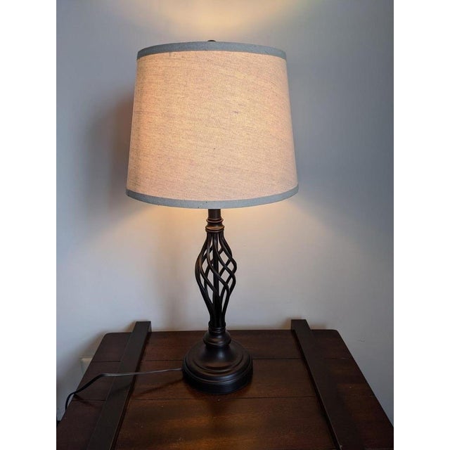 Light beige linen shade (gray trim) + black-brown twisted iron body, built-in LED, warm soft light. Fits American...