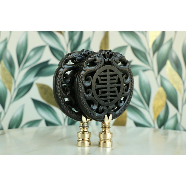 Chinoiserie Longevity Symbol Carved Stone Lamp Finials on Golden Brass Hardware - A Pair For Sale - Image 3 of 10