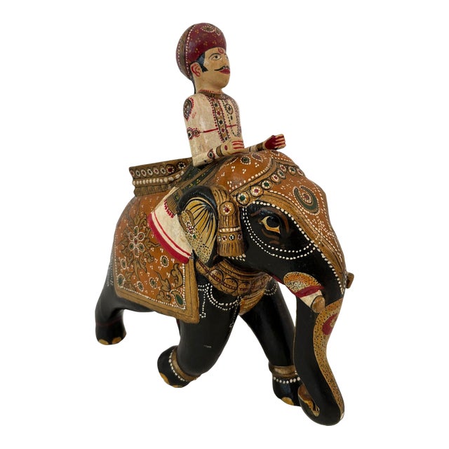Antique Anglo-Raj Hand-Carved Teak Elephant With Rider Polychrome Sculpture For Sale