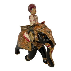 Antique Anglo-Raj Hand-Carved Teak Elephant With Rider Polychrome Sculpture