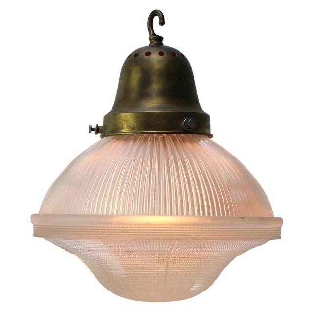 Holophane Mid-Century Industrial Glass & Brass Pendant Lights from Holophane, USA For Sale - Image 4 of 8