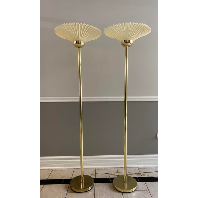 Vintage 1980s Art Deco Brass and Acrylic Flower Petal Floor Lamps a