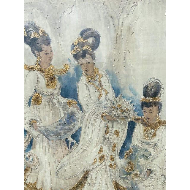 Hollywood Regency Mid 20th Century Asian Geisha Lady Signed Painting Massive Size For Sale - Image 3 of 11