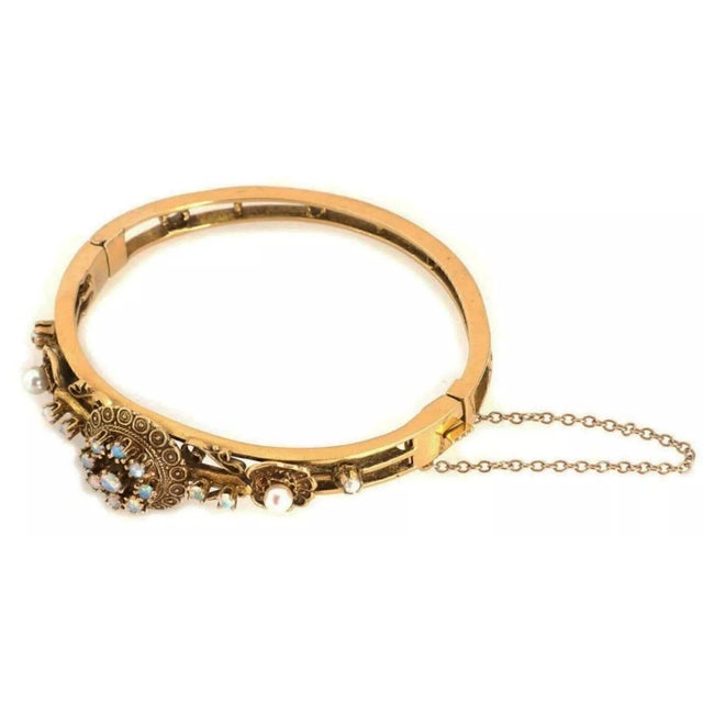 Pearls & Opal 14k Yellow Gold Floral Bangle Bracelet For Sale - Image 4 of 5