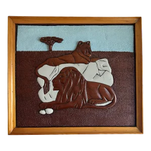 1970s Carved Wood Framed Lion Relief