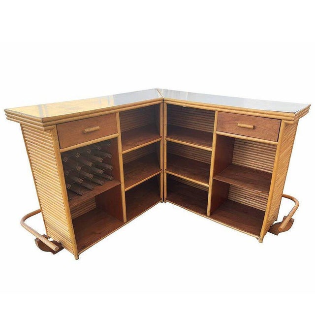 Wood 1940s Mid-Century James Mount Style Stacked Rattan Corner Bar W/ Asian Xie Shan Roof For Sale - Image 7 of 12