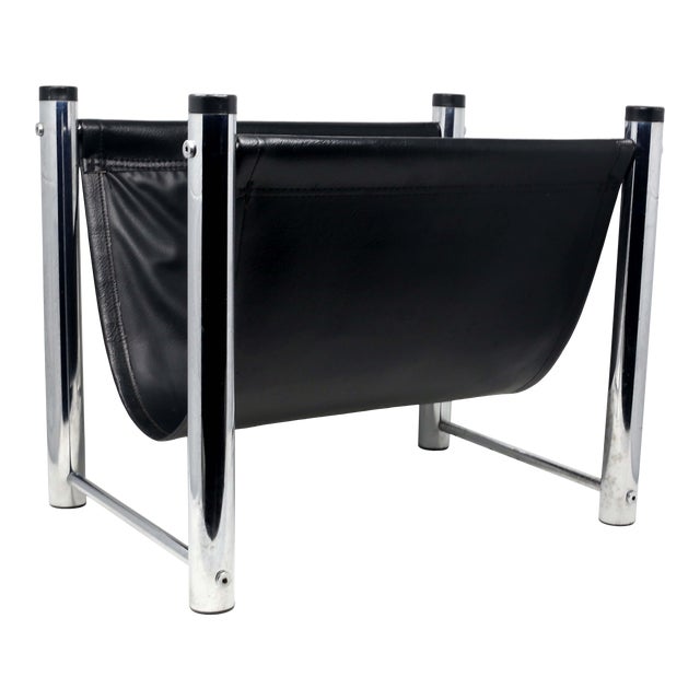 1970s Black Leather Sling and Chrome Magazine Rack | Chairish