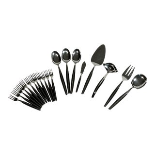 Vintage Eldan Ebosi Stainless Steel Flatware 20 Piece Set Black Handle Danish Modern, Circa 60’s For Sale
