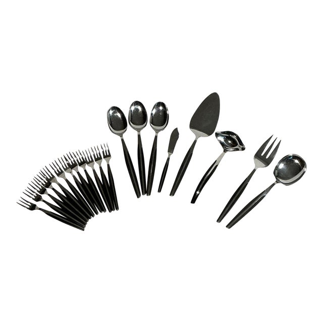 Vintage Eldan Ebosi Stainless Steel Flatware 20 Piece Set Black Handle Danish Modern, Circa 60’s For Sale