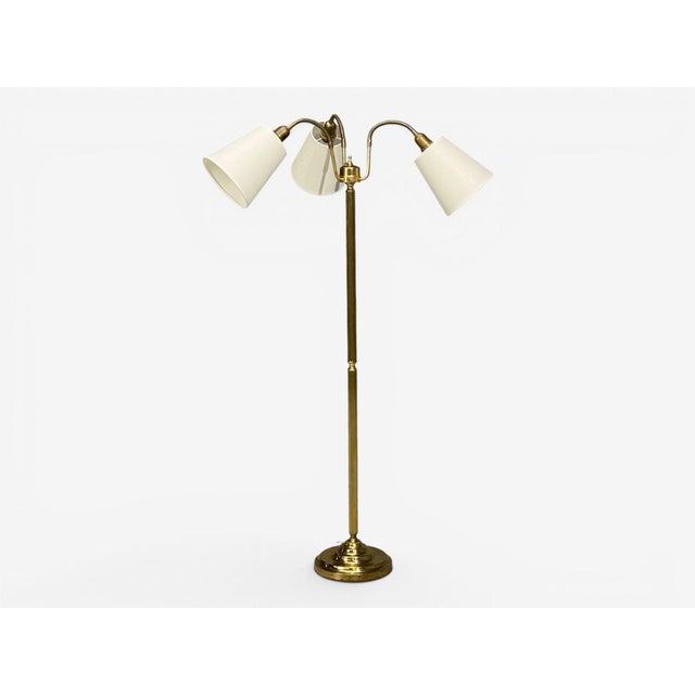 1970s Swedish Modern, Three Light Floor Lamp, Reeded Brass, Fabric, Sweden For Sale - Image 4 of 13