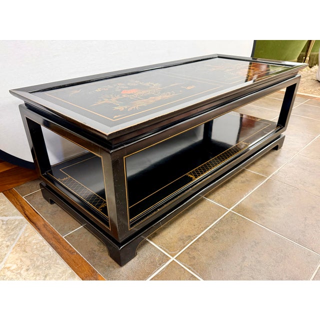 Chinoiserie Chinese Black Lacquered Hand Painted Coffee Table For Sale In New York - Image 6 of 9