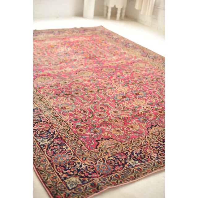 1930s Botanical with Magenta, Green, Mocha, Ice Blue & Canary Yellow Rug 8.11 x 12.1 For Sale - Image 5 of 13