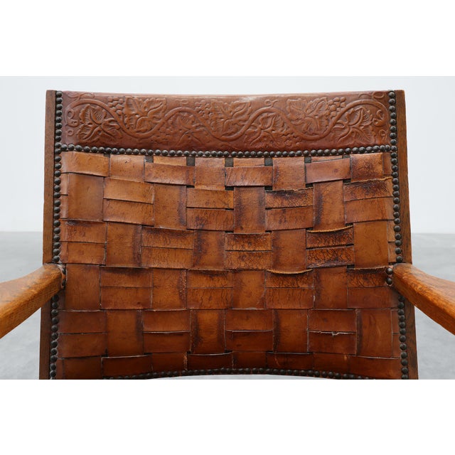 Art Deco Oak Lounge Chair with Woven Leather Back and Ochre Velvet, Belgium, 1920s For Sale - Image 11 of 15