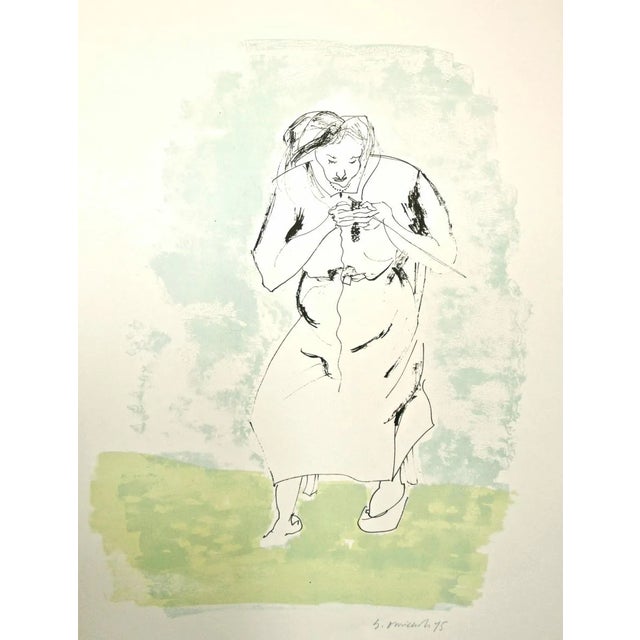Woman Sewing - Italy - Original Lithograph by G. Omiccioli - 1975 1975 For Sale