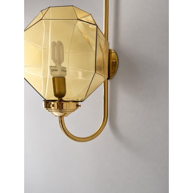Bergboms Swedish Modern Brass Wall Sconce with Faceted Amber Glass Shade from Bergboms, 1960 For Sale - Image 4 of 5