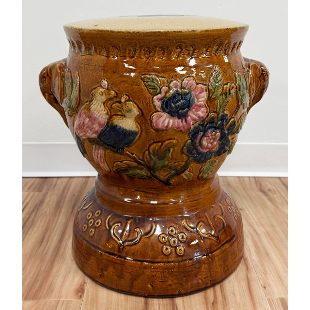 Brown Vintage Majolica Style Floral Elephant Garden Stool For Sale - Image 8 of 12