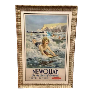 Original “Surfing in Newquay, Cornwall” Surf Poster by Jack Merriott, 1954