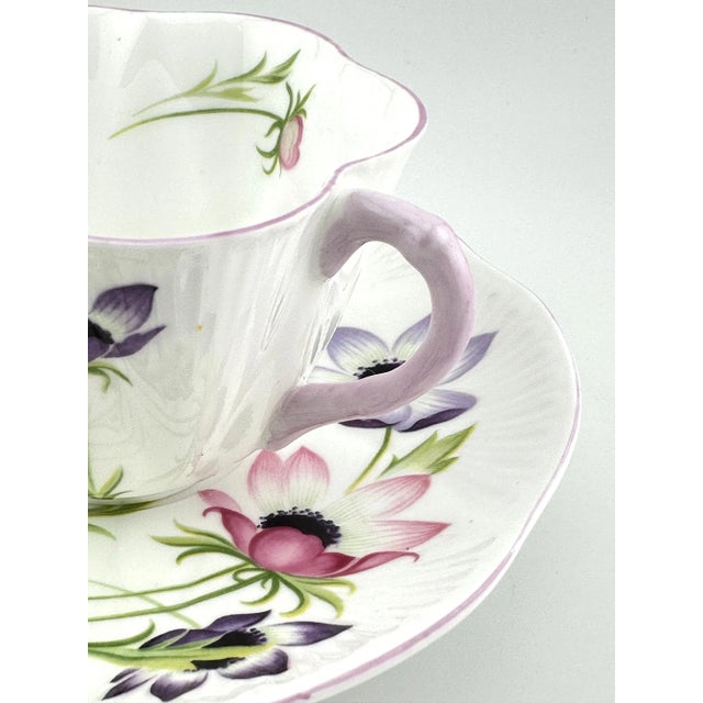 English Shelley Wind Flower Tea Cup, Dainty Shape Cup and Saucer English Fine Bone China For Sale - Image 3 of 7