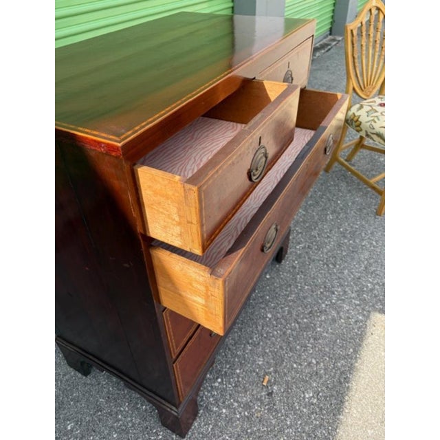 English Antique Mahogany Five Chest of Drawer Satinwood Inlay on Bracket Feet. For Sale - Image 4 of 9