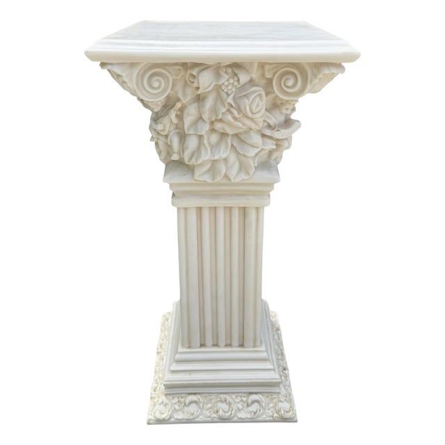 Vintage 28” Faux Alabaster Corinthian Cherub Pedestal For Sale